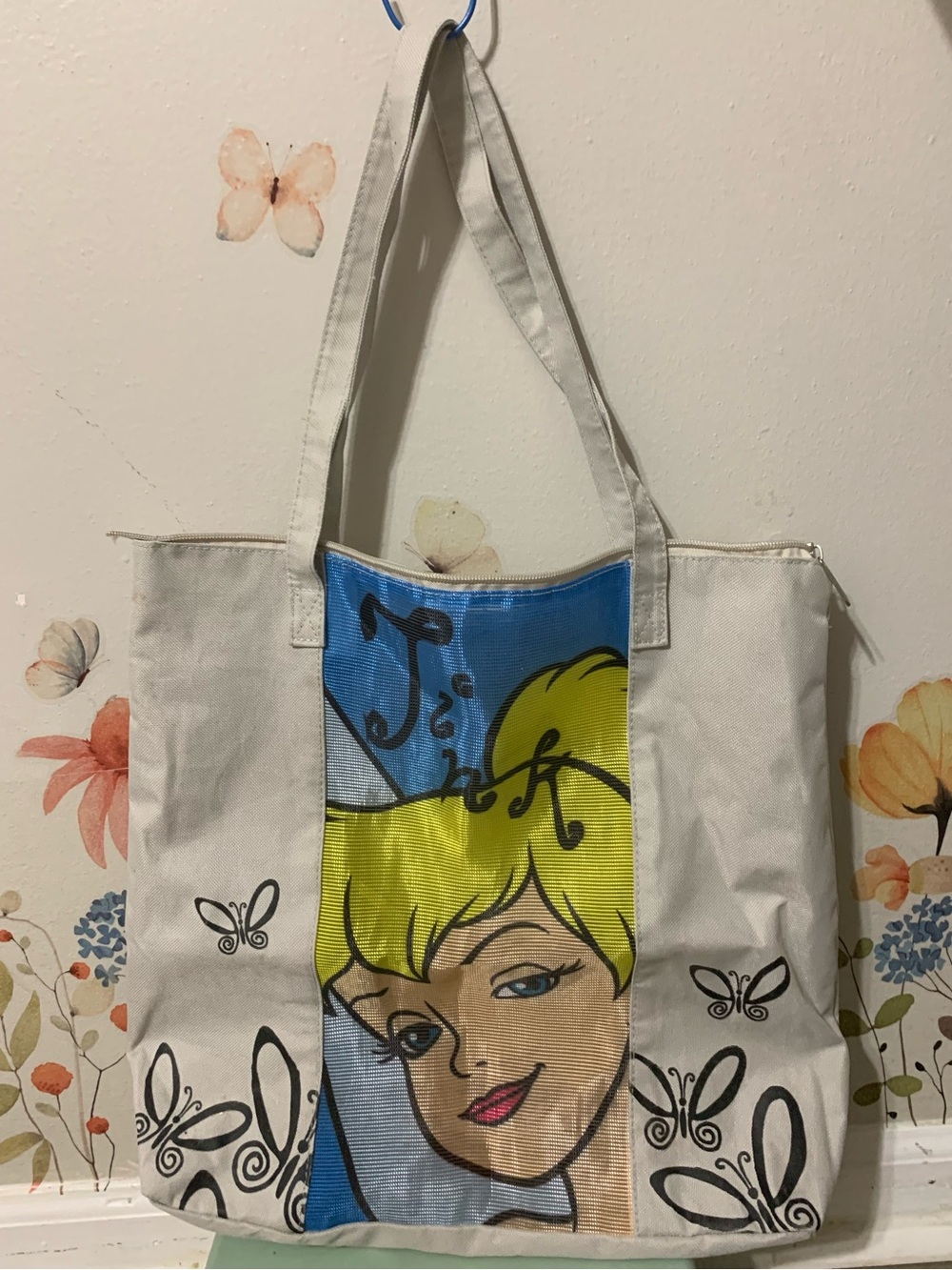 🟢 Grey Canvas Tinkerbell Butterfly Tote Beach Bag